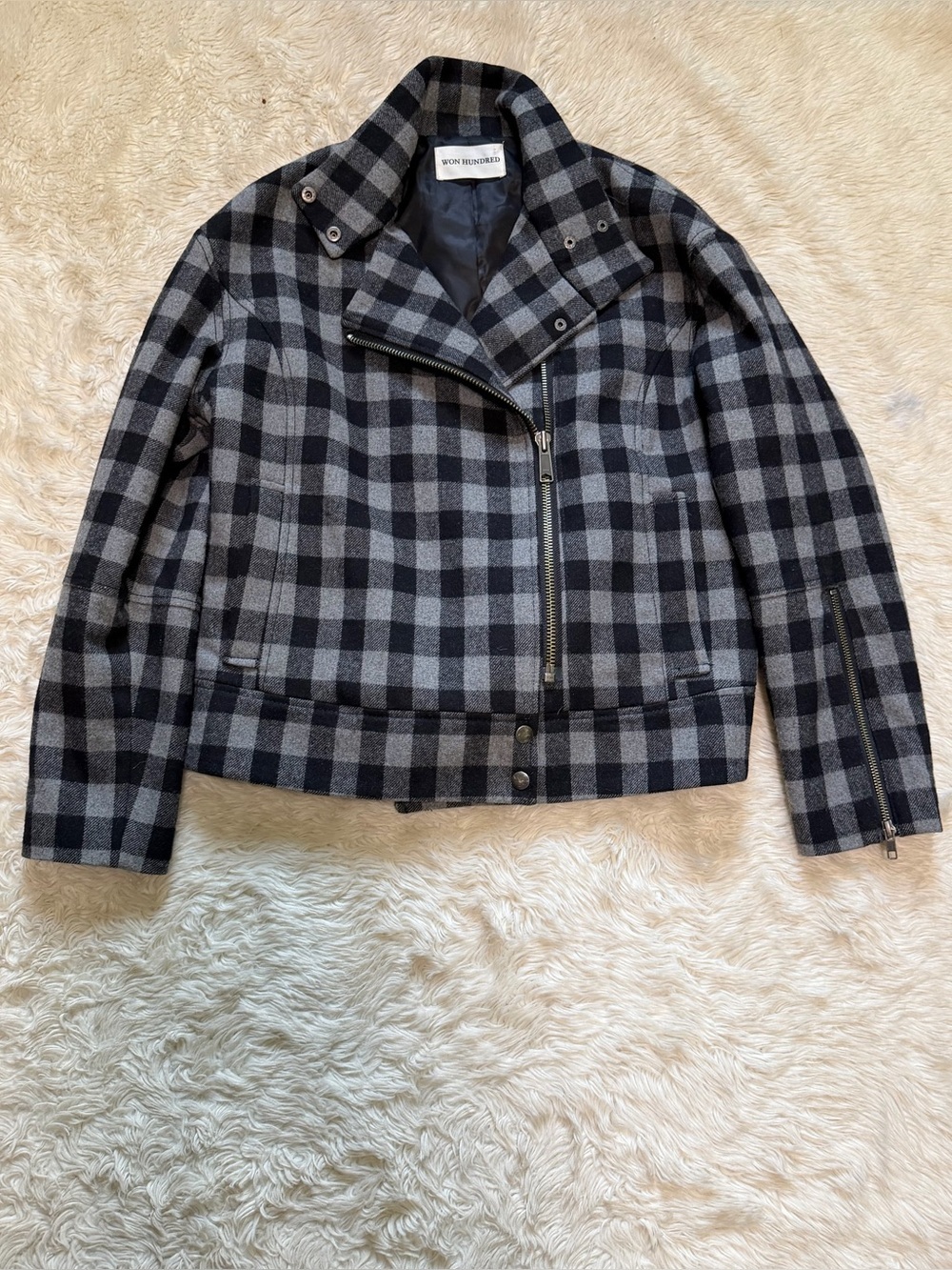 Won Hundred Idola Check Wool Blend Moto Jacket - Size US 4